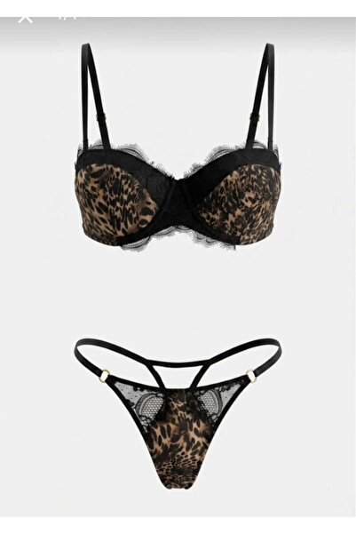 BERZÜM Kadın Leopar İç Çamaşırı Takımı 5 Parça Zincir Detaylı Seksi Gecelik F...