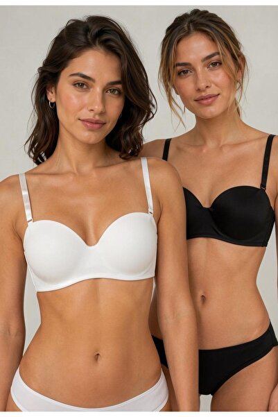 USLULAR Women's Non-Padded Micro Strapless Bra 2-Pack Black White