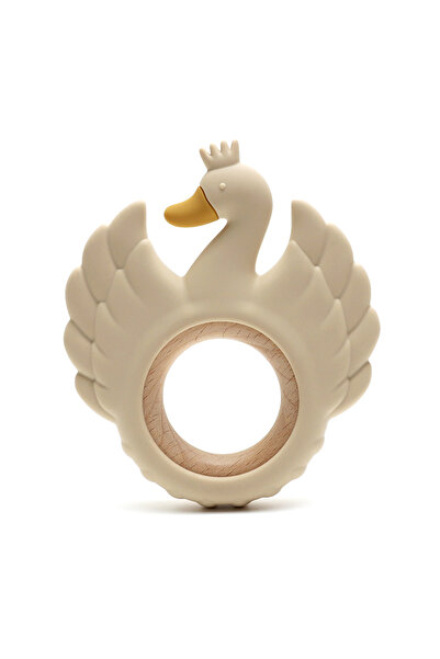 Moon Piece moonpie GRAY New Swan Silicone Teether Food Grade Wooden Ring Baby...