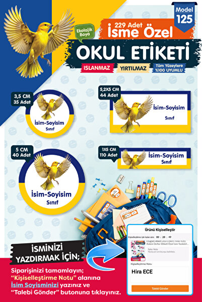 t tuğset etiket Okul Etiketi Sarı Lacivert Kalem Defter Etiketi Özel İsim Yaz...