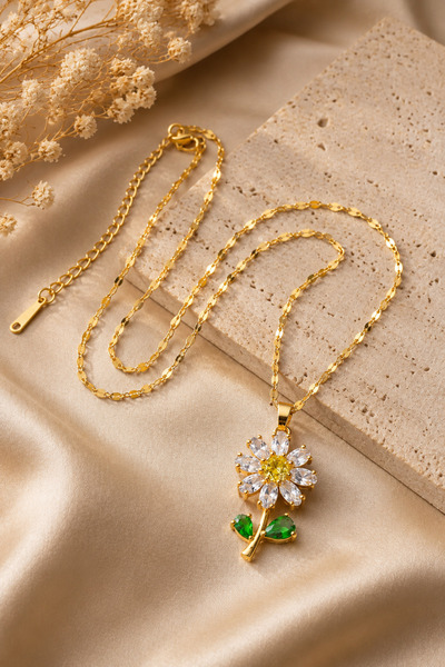 CAXBERN Women's 316L Stainless Steel Zircon Stone Sparkling Daisy Gold Necklace