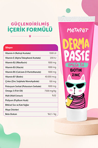 Metapet Tüy Dökülmesi Engelleyici Kedi Maltı Vitamini, Kediler için Tüy Döküm Dökme Önleyici B Biotin Macunu
