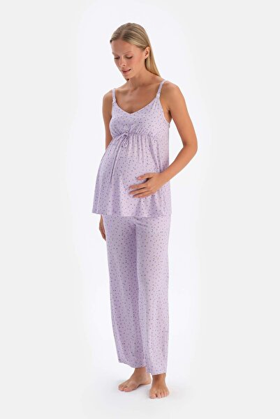 Dagi Lila Metraj Çiçek Baskılı Penye Modal Hamile Pijama Takımı