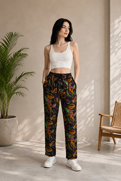 nurneva Women's Elastic Waist High Waist Regular Fit Printed Brown Trousers