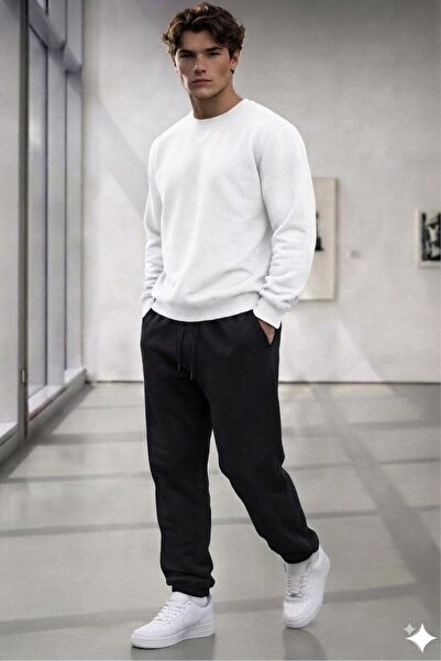 NO 601 Men's White Plain Crew Neck Black Plain Sweatpants Set