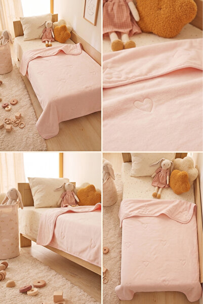 Ocean Home Textile %100 Pamuk Penye Pembe Kalp Nakışlı Bebek Yorgan Çok Amaçlı Örtü 90x120