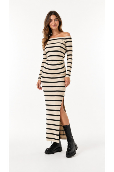 Kallisto Ecru Striped Off-The-Shoulder Waist Draped Side Slit Long Dress