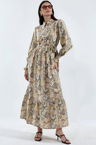 Merterium Women's Belted Hijab Dress 1511 - Yellow