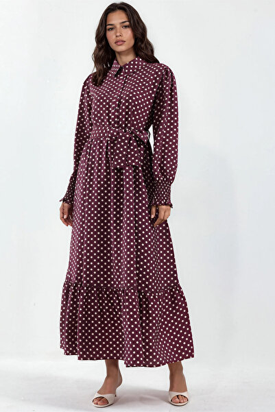 Merterium Women's Belted Polka Dot Hijab Dress 1511 - A.Burgundy