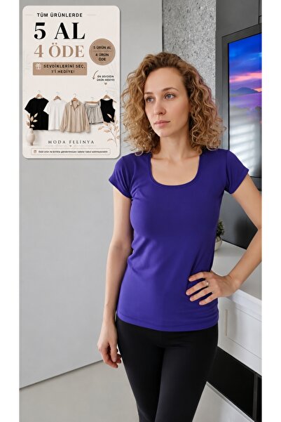 moda felinya KADIN KISA KOLLU KARE YAKA mavimsi MOR RENK BODY T-SHIRT