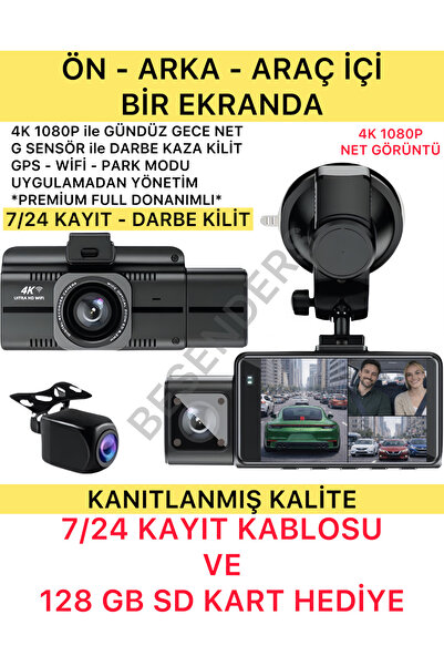 Besenders F6 4K 1080P Full HD 3 Kameralı GPS Wifi G Sensör Gece Görüşlü Ön Ar...