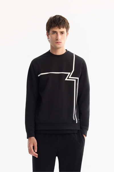 Avva Men's Black Crew Neck Cotton Bi-Stretch Printed Regular Fit Sweatshirt A...