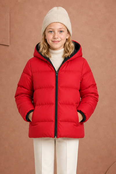 Firststops Girl's Red Fleece Hooded Waterproof Wind-Resistant Pocket Puffer W...