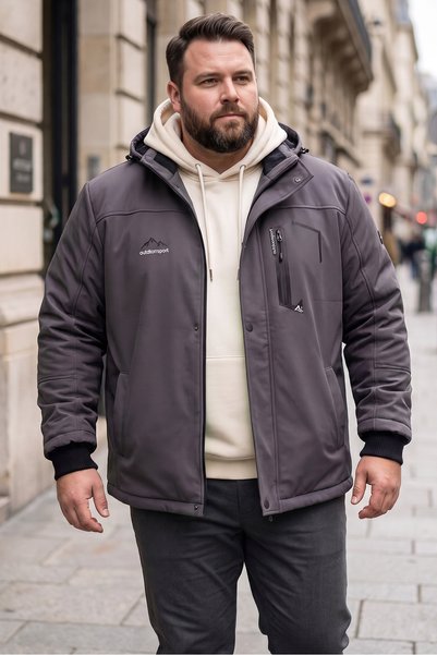 Mero Life معطف خارجي بغطاء للرأس مقاوم للماء والرياح، مبطن بالفرو من الداخل، مصنوع من الألياف، لون رمادي، من نوع سوفتشيل.