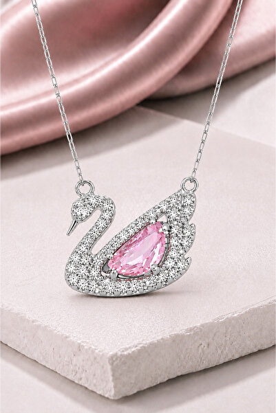 Pietra Pembe Zirkon Taşlı Kuğu Kolye | 925 Ayar Gümüş Kolye- Gümüş Kuğu Kadın...