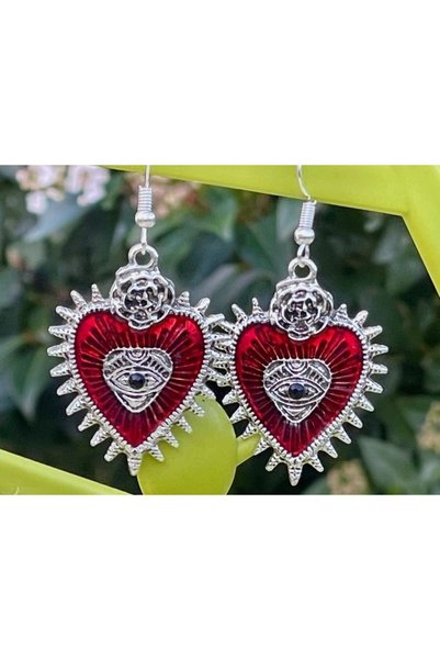 Herşey Nota Rose Eye Of Heart Gothic Heart Red Earrings