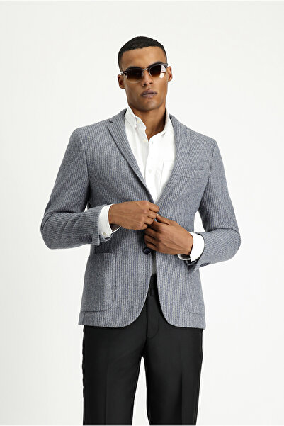 Kiğılı 7 Drop Super Slim Fit Eksra Dar Kesim Yünlü Çizgili Spor Örme Ceket