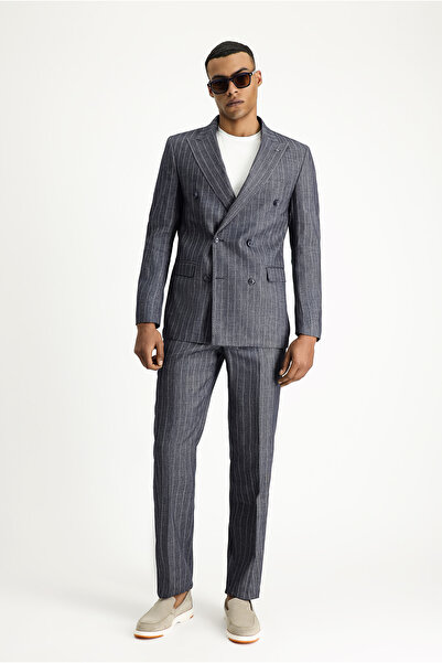 Abdullah Kiğılı 7 Drop Slim Fit Striped Linen Blend Double Breasted Suit