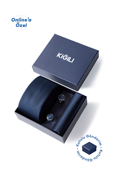 Kiğılı 3'lü Desenli Kravat & Mendil & Kol Düğmesi Hediye Kutulu Set