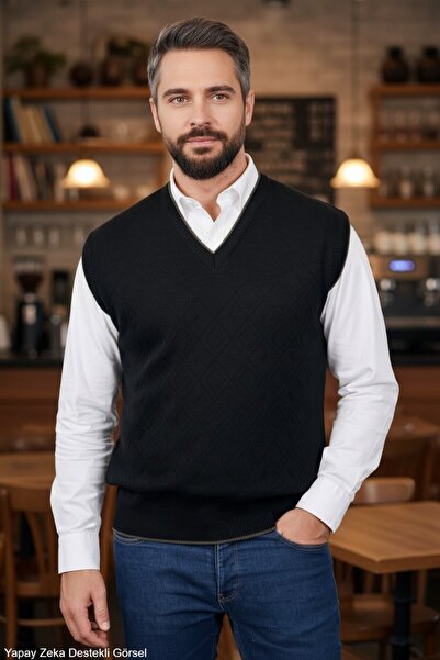 Kamalı Men's Black Anti-Pilling Fabric Standard Fit Regular Cut V-Neck Knitwe...