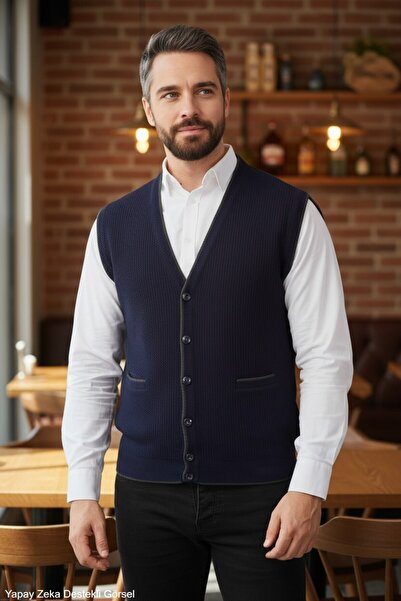 Kamalı Men's Navy Blue V-Neck Knitwear Buttoned Pocketed Striped Patterned Re...