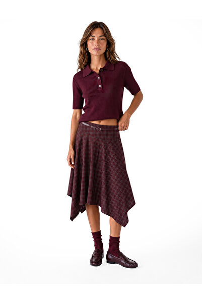 Koton Asymmetrical Cut Midi Length Belted Plaid Skirt