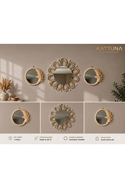 kattuna Hasır Örgü Papatya Ve Boncuk Ayna Duvar Dekorasyon Ürünü 3’lü Set