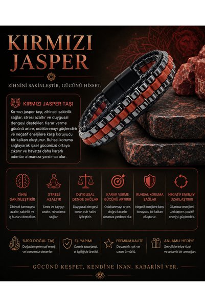 YILDIZ DOĞAL TAŞ Sertifikalı Kırmızı Jasper Disk Model Doğal Taş Erkek Bilekl...