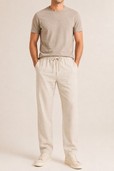 JESIAN Men's Linen Ecru Elastic and Adjustable Lace-Up Waist Relaxed Fit Stra...