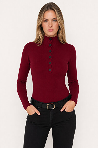Sienza Women's Black Slim Fit Button Detailed High Neck Blouse