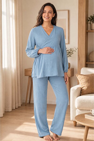 ByLohusa Long Sleeve Muslin Fabric Maternity and Postpartum Pajama Set with B...