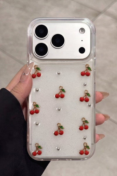 KVK PRİVACY Apple iPhone 17 Pro Max Uyumlu Epoksi Kiraz Desenli Şeffaf Siliko...