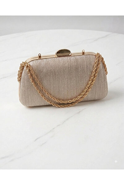 selma demir Simli Kumaş Gold Zincir Askılı Model Clutch Kadın Çanta