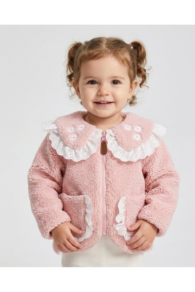 PARK BEBE Βρεφικό βελούδινο μπουφάν για κορίτσια με κέντημα και δαντέλα, με λ...