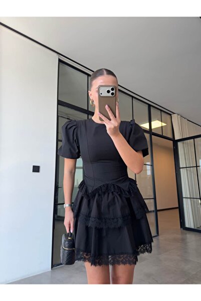 BB Bensu Buyruk ΜΠΛΟΥΖΑ ΜΕ ΜΑΝΙΚΙΑ ΤΥΠΟΥ ΜΠΑΛΟΝ ΚΑΙ ΔΑΝΤΕΛΕΣ, ΜΑΥΡΗ