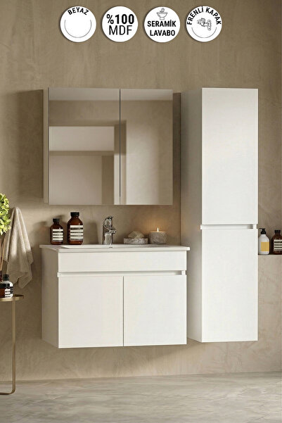 ÖZCEDEN Lotus 75+35 cm Beyaz MDF Seramik Lavabolu Asma Banyo Dolabı Takımı