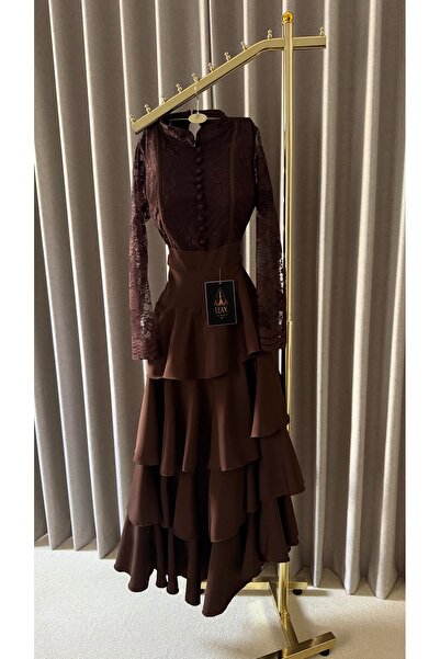 LUNA FASHİON Lace Dress with Layers, Mid Chiffon Dress, Brown Color