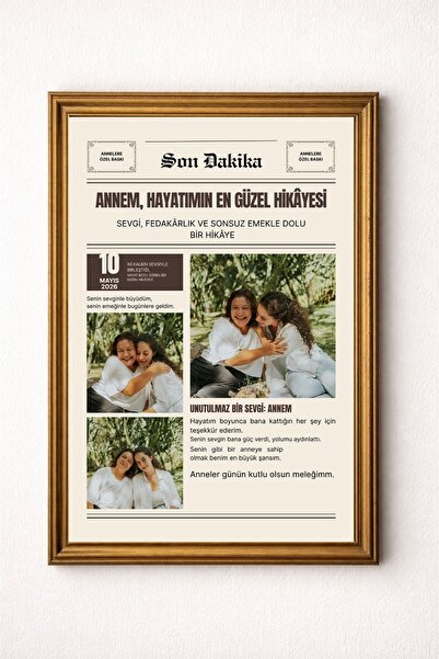BuzzDesigns Kişiye Özel Gazete Tasarımlı Anneler Günü Fotoğraflı Çerçeveli Ta...