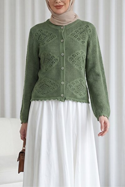 Modamorfo Ζακέτα πλεκτή με γεωμετρικά σχέδια και διάτρητα κουμπιά - πράσινο