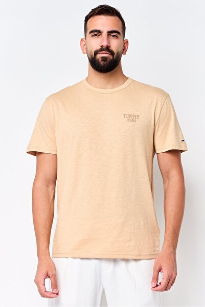 Tommy Hilfiger Tommy Jeans Men Crew Neck Short Sleeve Embroidered T-Shirt, Beige