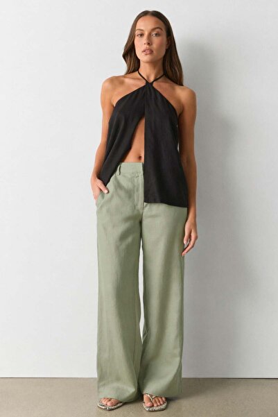 Madmext Πράσινο ψηλόμεσο λινό παντελόνι με φαρδιά μπατζάκια MG2718