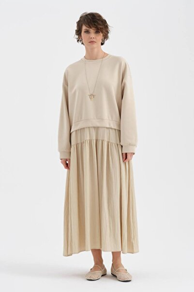 tw3 Γυναικείο μακρυμάνικο φόρεμα με υφαντό και πλεκτό ύφασμα και διακοσμητικέ...