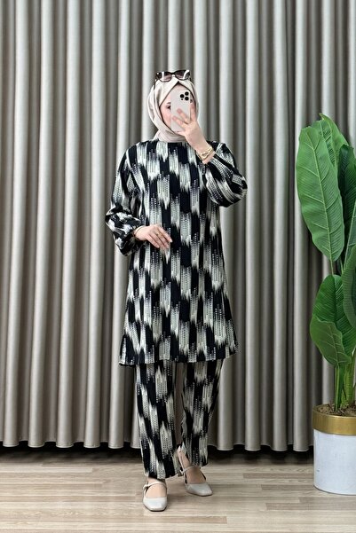 Generic Brand Behiye Trousers Suit Viscose Fabric Beige Patterned Trousers Tu...