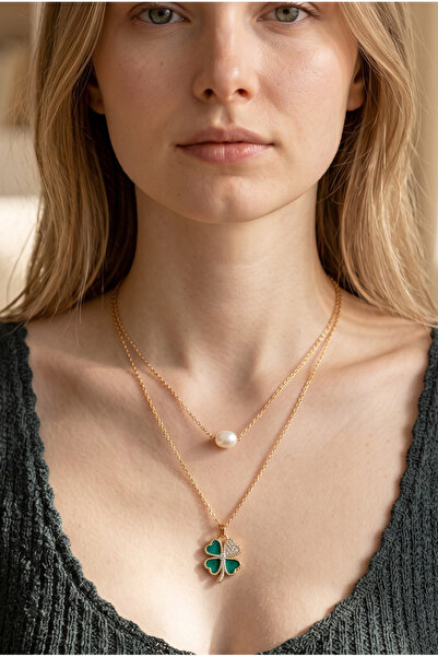 NBS Beautiful Naturel Stones Kadın Çelik İkili Kolye İnci ve Yonca Figürlü, G...