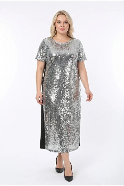 hazelin Γυναικείο ασημί μακρύ βραδινό φόρεμα με παγιέτες, κομψό φόρεμα HZL26S...