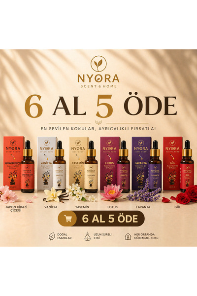NYORA 6'lı Çiçek Serisi 20 ml Damlalıklı Difizör ve Buhurdanlık Esansiyel Yağ...