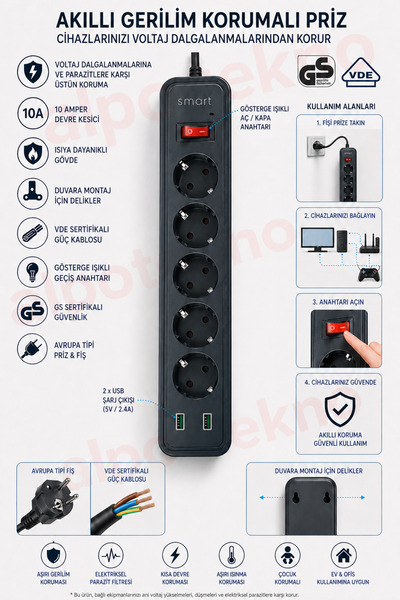 Akıllı Akım Korumalı 5’li Priz 2 USB Girişli | 10A Devre Kesici | GS & VDE Sertifikalı | Avrupa Tipi