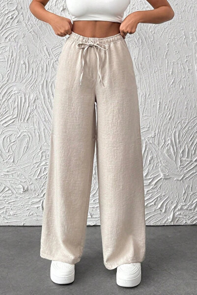 URİS Γυναικείο μπεζ παντελόνι με κορδόνια, ελαστική μέση, τσέπες και φαρδιά μ...