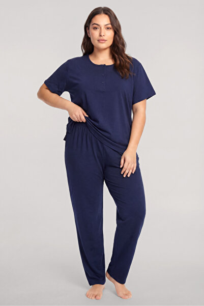 Akbeniz Σετ πιτζάμες μεγάλου μεγέθους με κουμπιά και κοντά μανίκια σε μπλε να...