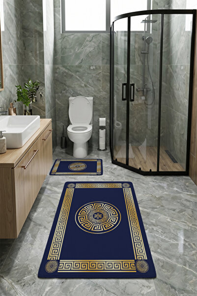 Greek Desenli Lüks 2'li Banyo Paspas Takımı Kaymaz Taban Makinede Yıkanabilir 2'li Set